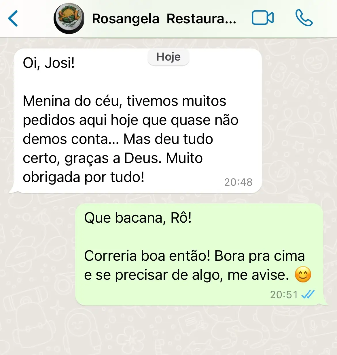 Depoimento de cliente do ramo de restaurantes no WhatsApp