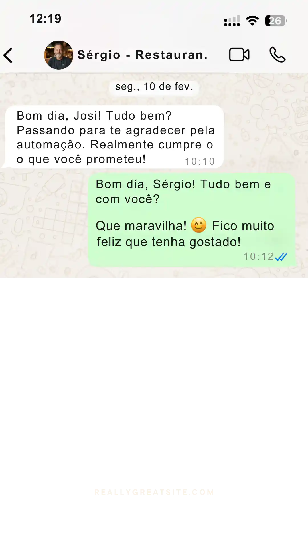 Depoimento de cliente do ramo de restaurantes no WhatsApp