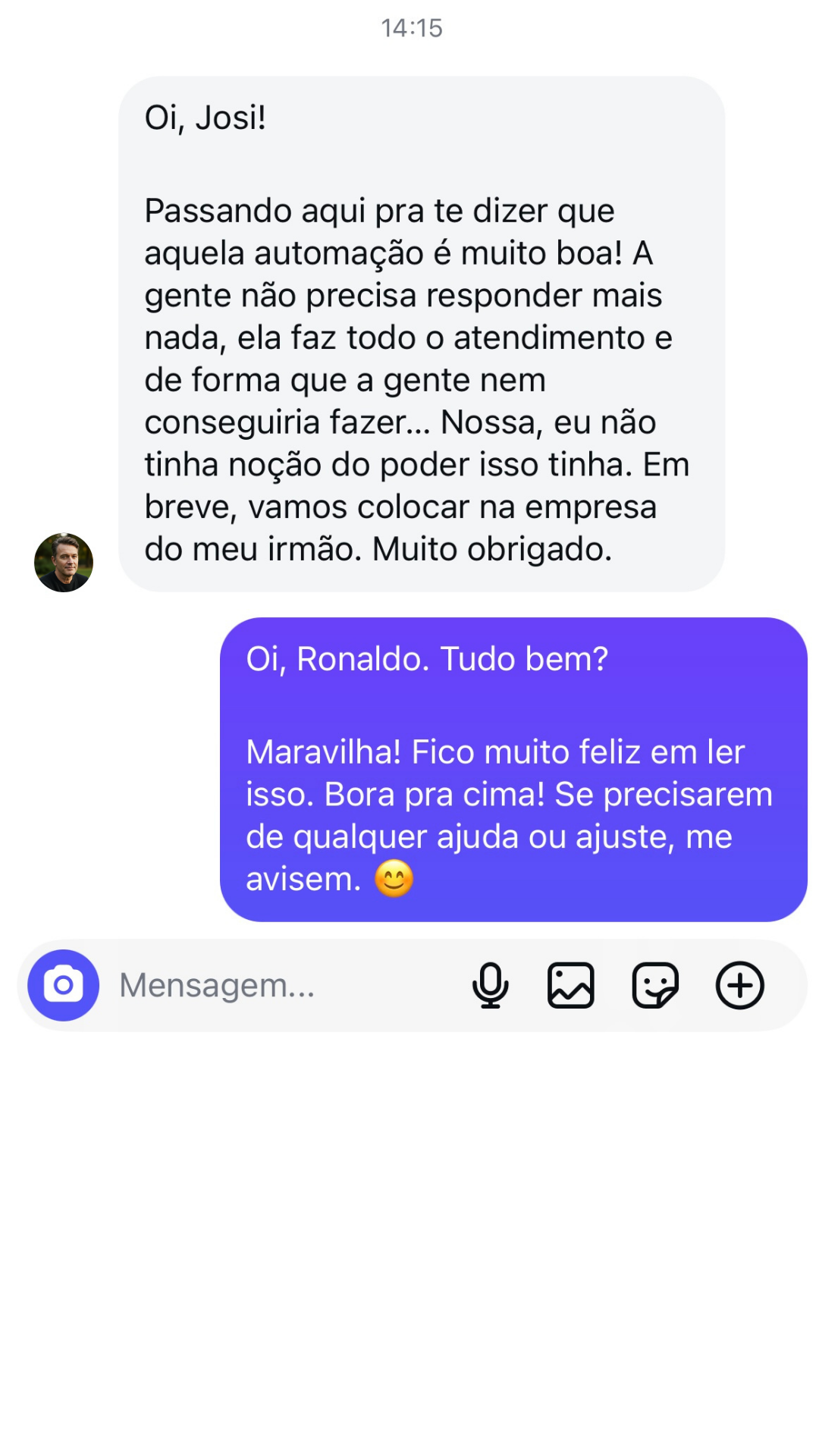 Depoimento de cliente sobre automação no Instagram