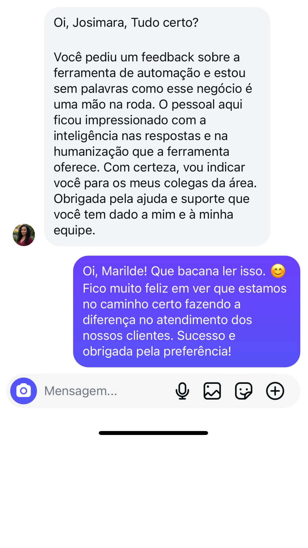Depoimento de cliente sobre atendimento no Instagram
