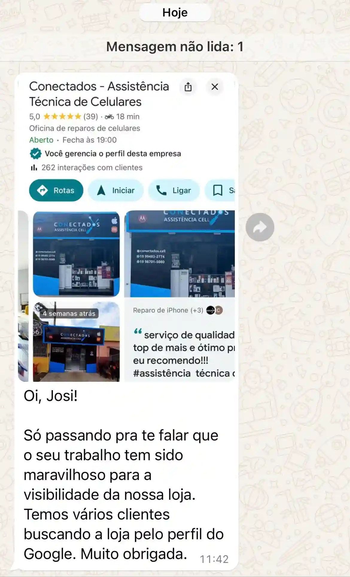 Depoimento de assistência técnica sobre o Google Meu Negócio